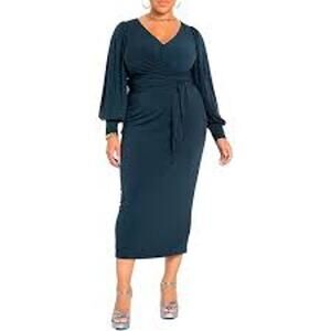 ELOQUII Cross Front Midi Dress Black STRETCHY Long Sleeve Size 24